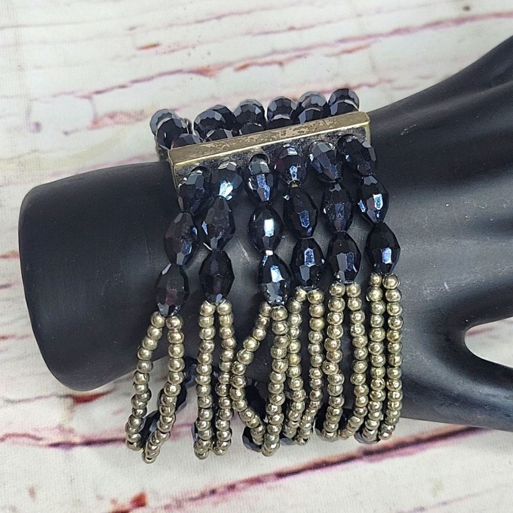 Vintage Hematite AB and Silvertone Beaded Bracelet